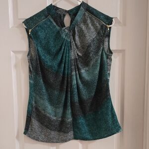 Sleeveless Teal and Black Patterned Tie-Neck Women's Top